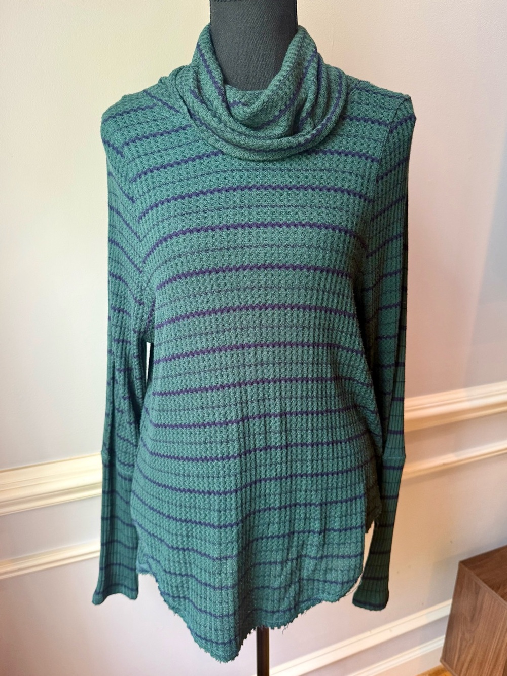 Free People We The Free Waffle Knit Cowl Neck Striped Oversized Tunic Top S